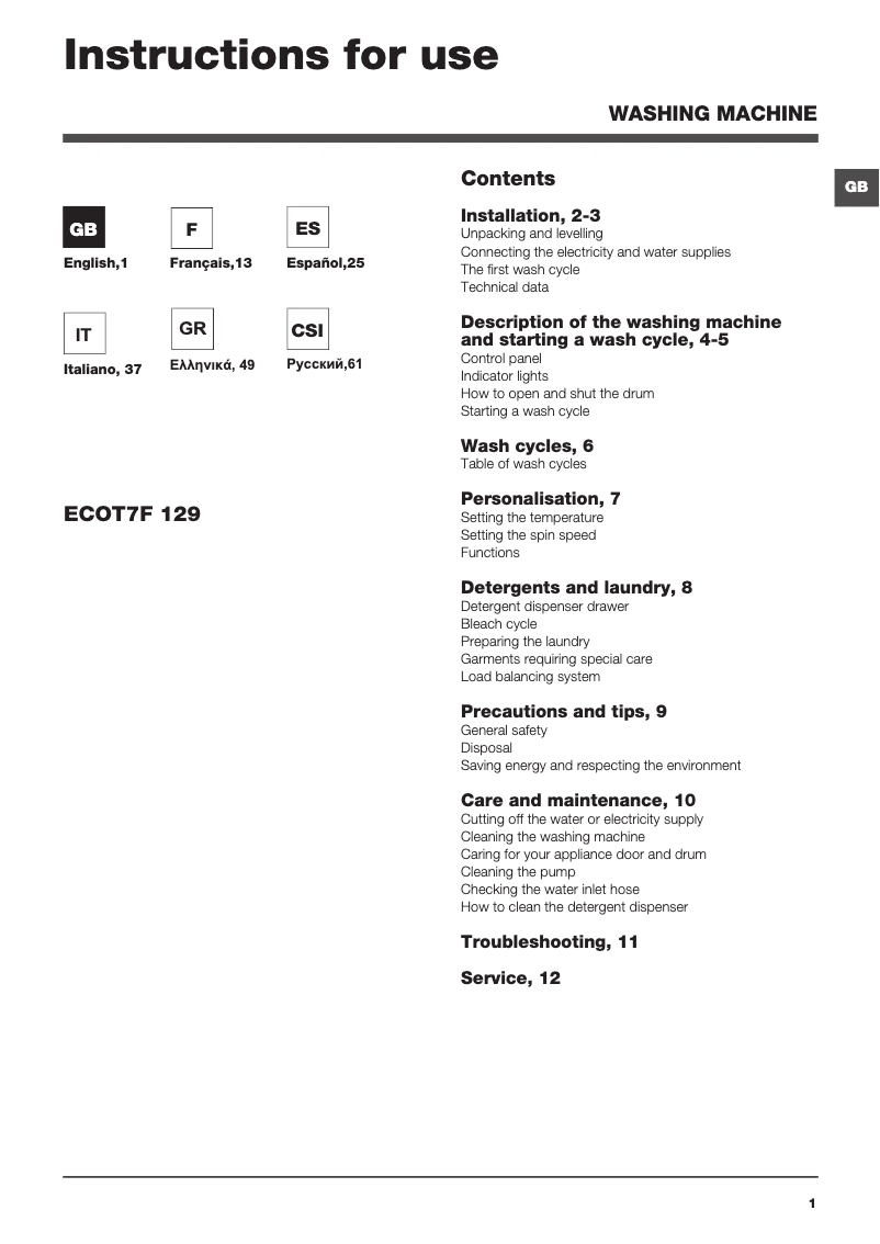 Page 1 de la notice Manuel utilisateur Hotpoint ECOT7F 129 (EU)