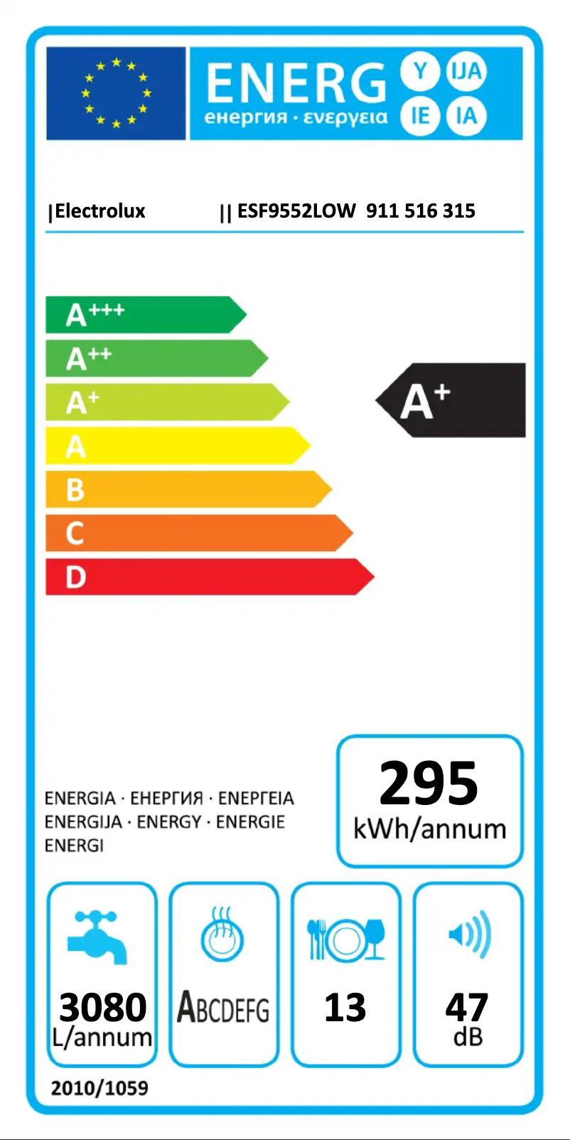 Page n°1 - Label énergétique Electrolux ESF9552LOW