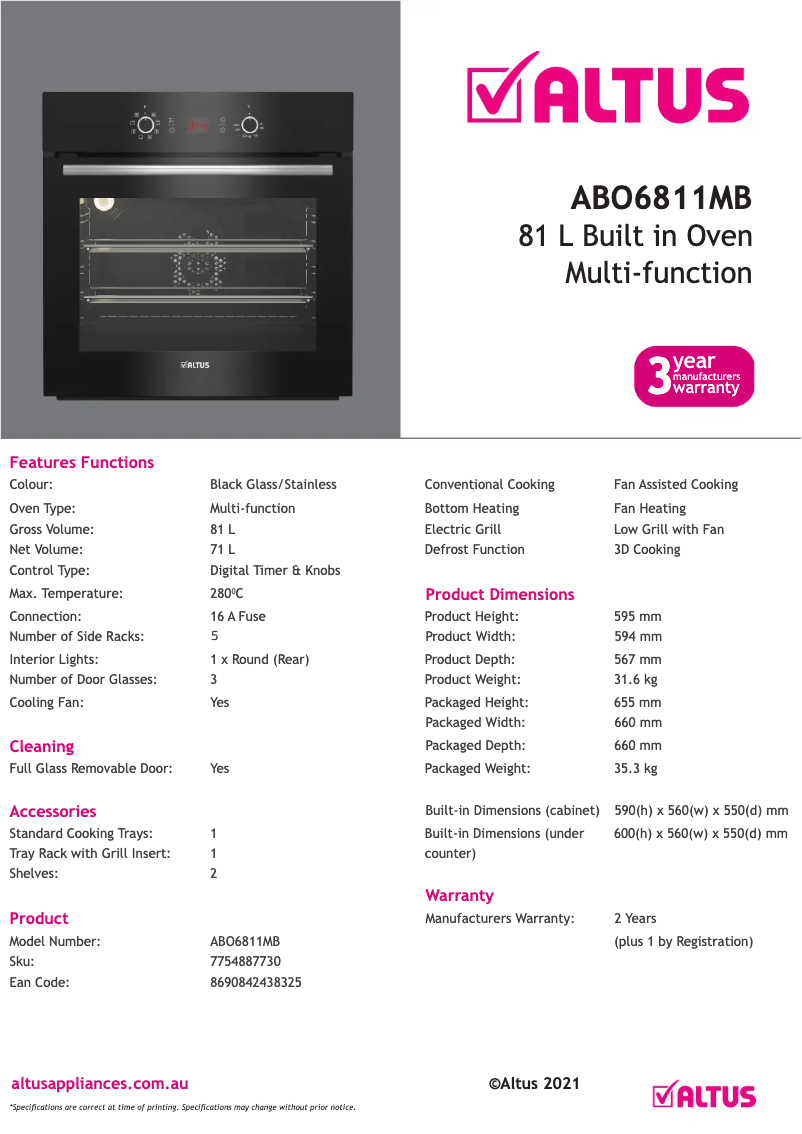Page 1 de la notice Fiche technique Altus ABO6811MB