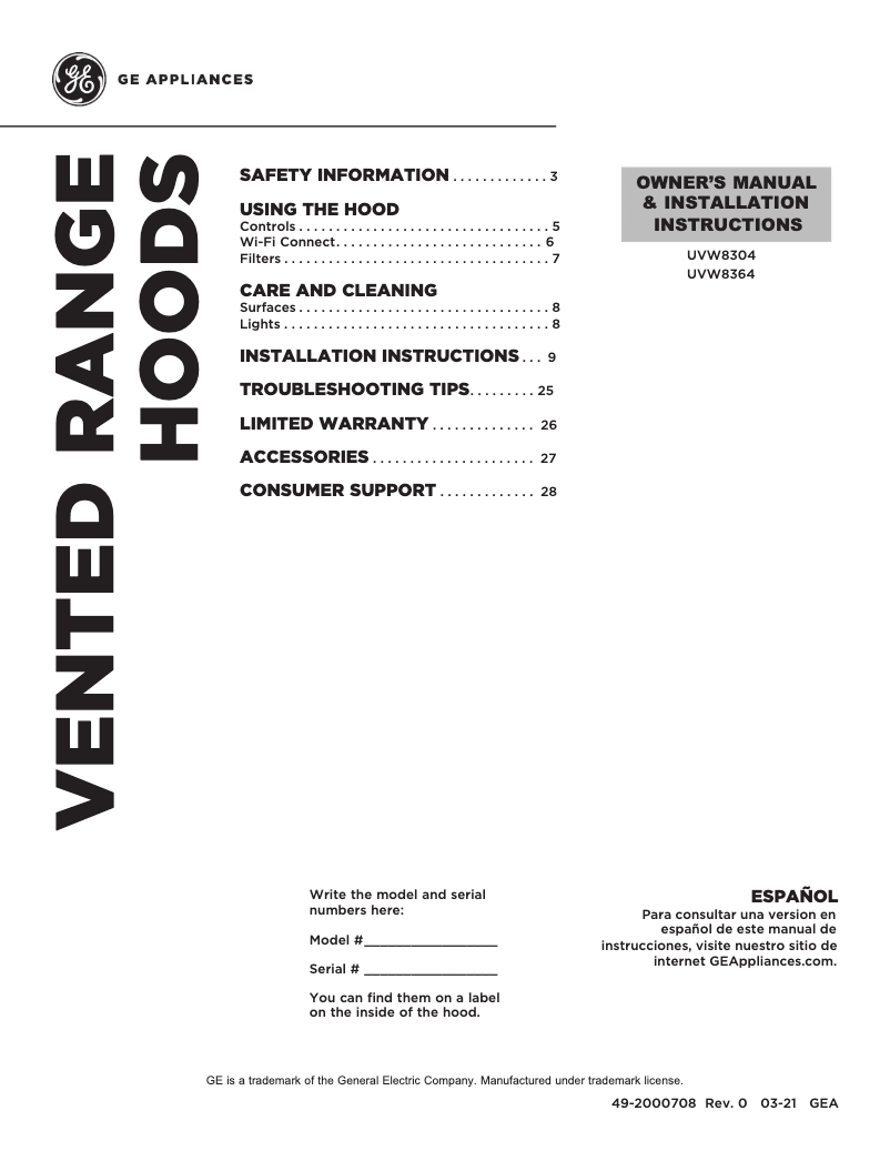 Page 1 de la notice Manuel utilisateur GE UVW8364SPSS