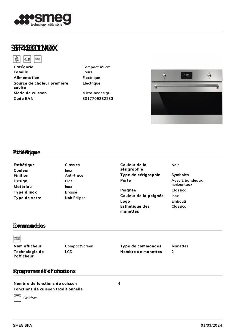 Page 1 de la notice Fiche technique Smeg SF4301MX