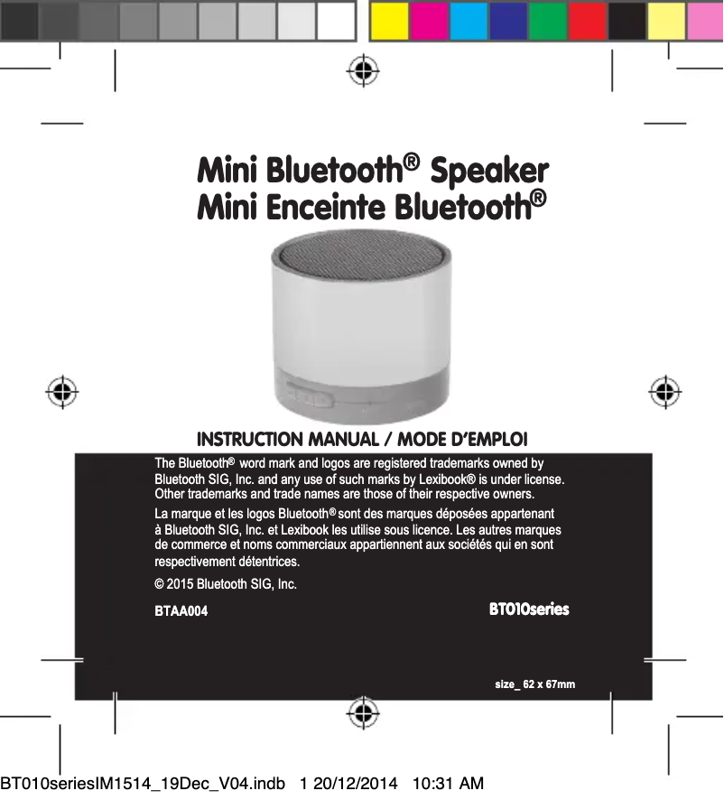 Image de la première page du manuel de l'appareil BT010 Série