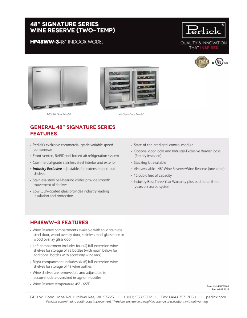 Page 1 de la notice Fiche technique Perlick Signature Series HP48WW-S-3-2L-2R