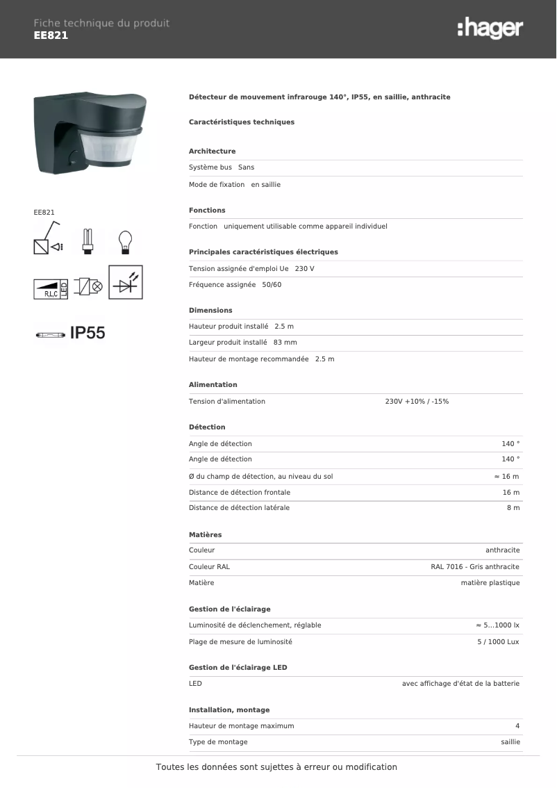 Page n°1 - Fiche technique Hager EE821