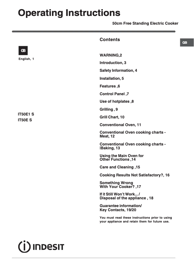 Page n°1 - Mode d'emploi Indesit IT50EW S