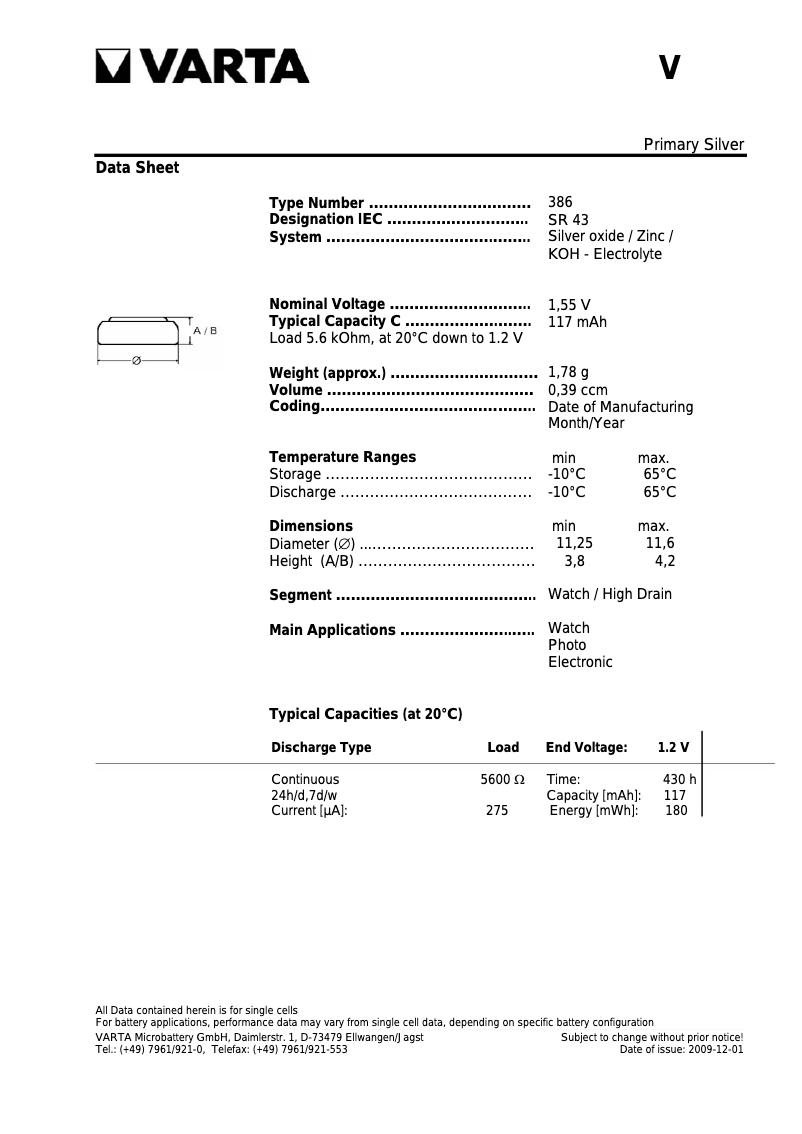 Page 1 de la notice Manuel utilisateur Varta Primary Silver Button V386 / SR 43