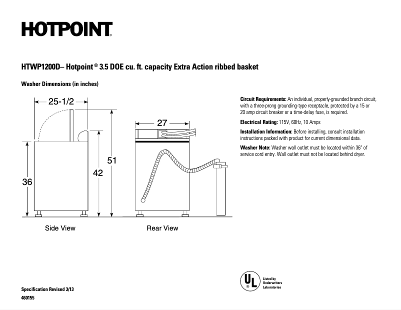 Page n°1 - Fiche technique Hotpoint HTWP1200DWW