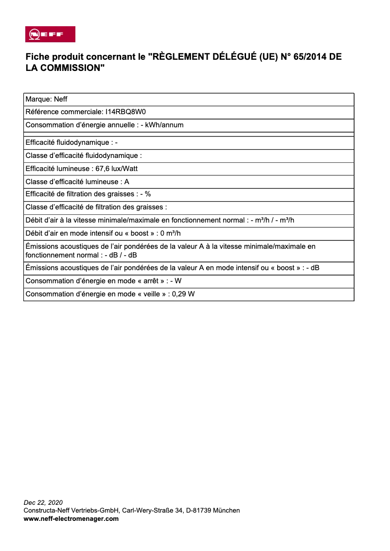 Page n°1 - Label énergétique Neff I14RBQ8W0