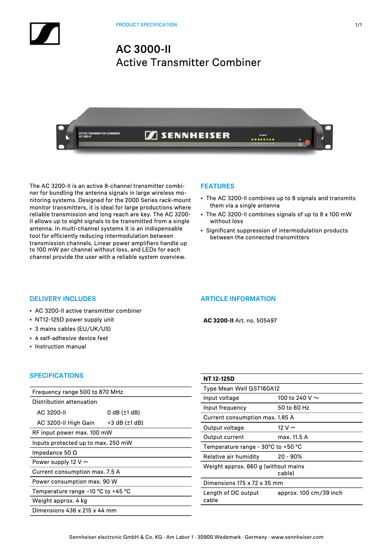 Page n°1 - Fiche technique Sennheiser AC 3200-II