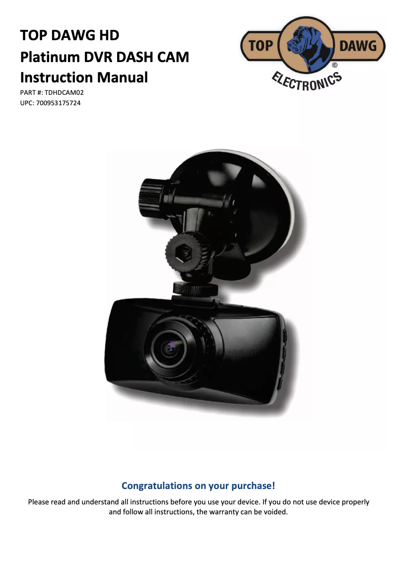 Page 1 de la notice Manuel utilisateur Top Dawg electronics HD Platinum DVR TDHDCAM02