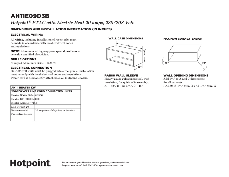 Page 1 de la notice Fiche technique Hotpoint AH11E09D3B