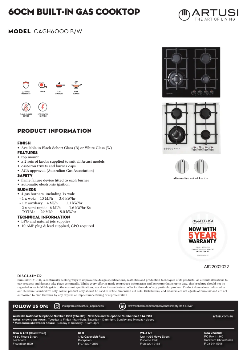 Page 1 de la notice Fiche technique Artusi CAGH6000