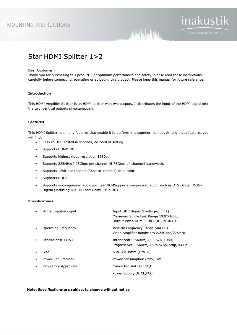 Page 1 of the manual User Manual Inakustik 3247012