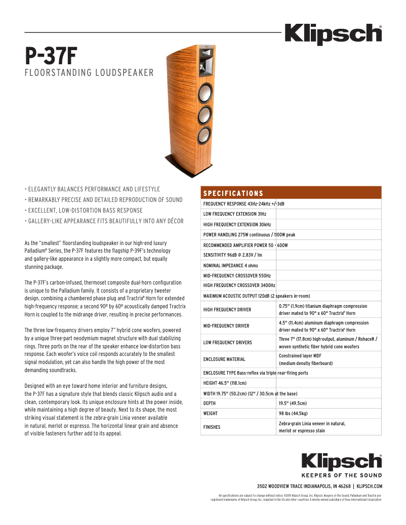 Page 1 de la notice Fiche technique Klipsch Palladium P-37F