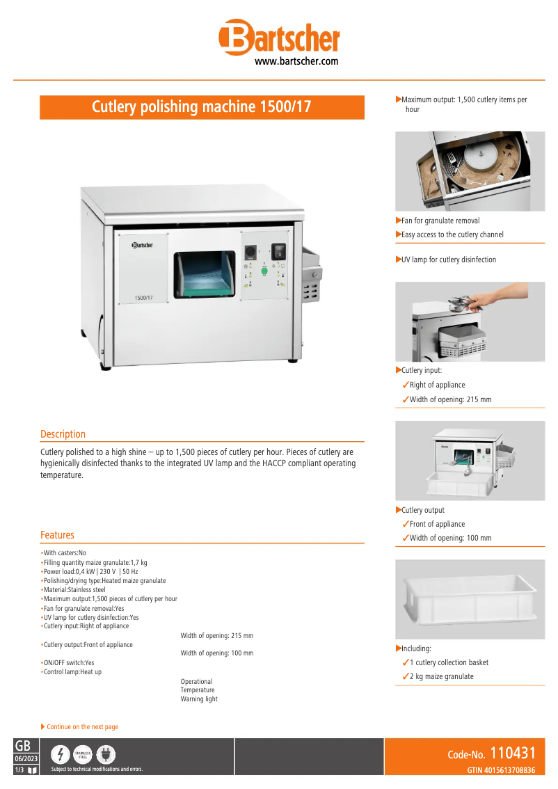 Page 1 de la notice Fiche technique Bartscher 110431