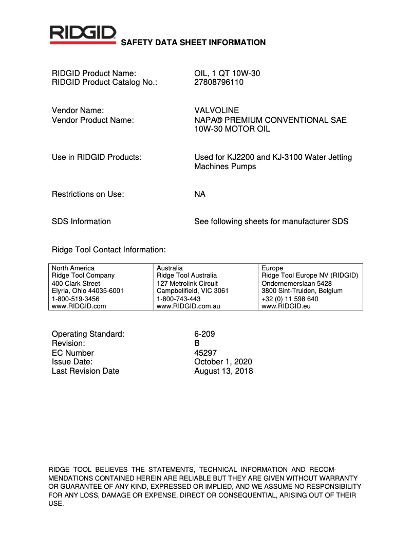 Page 1 de la notice Fiche technique Ridgid KJ-2200