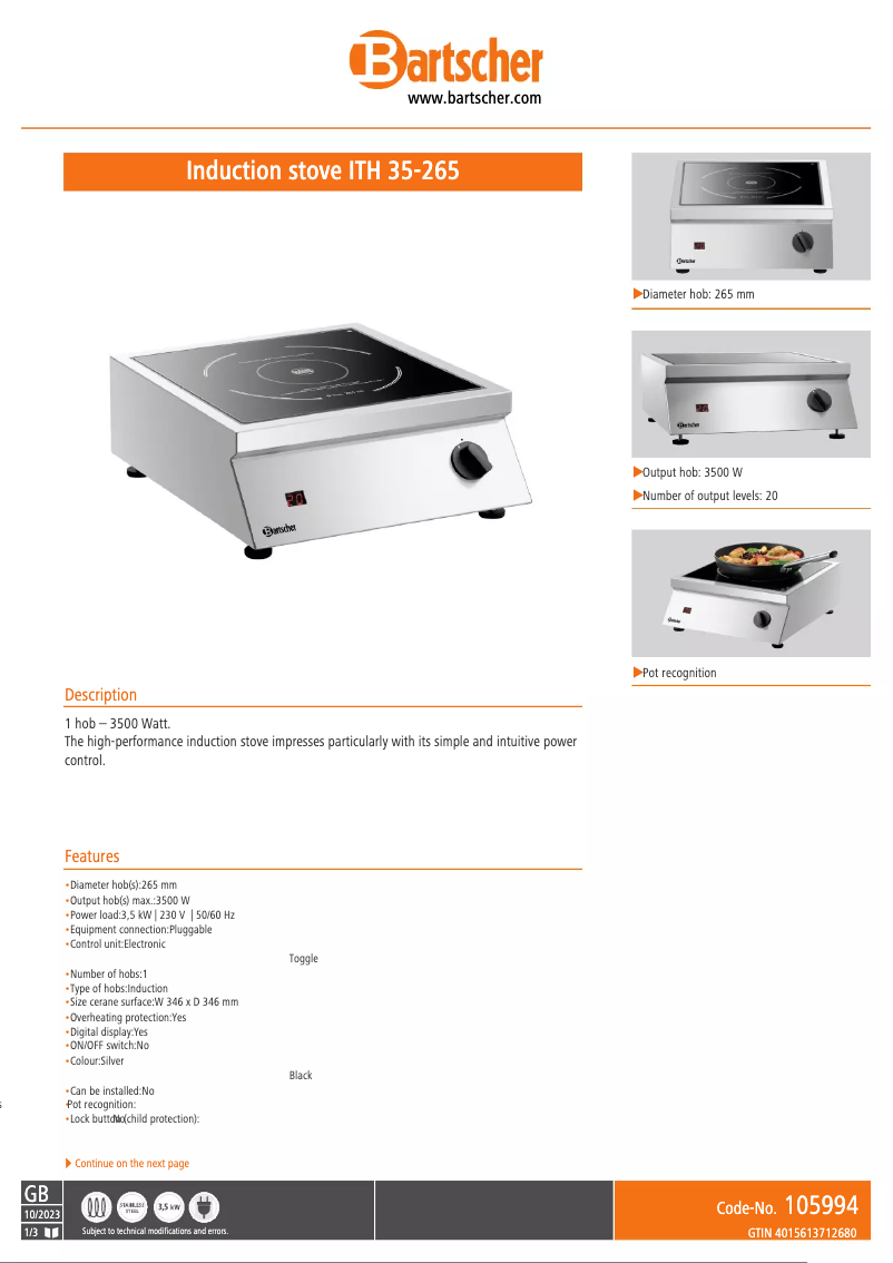 Page n°1 - Fiche technique Bartscher ITH 35