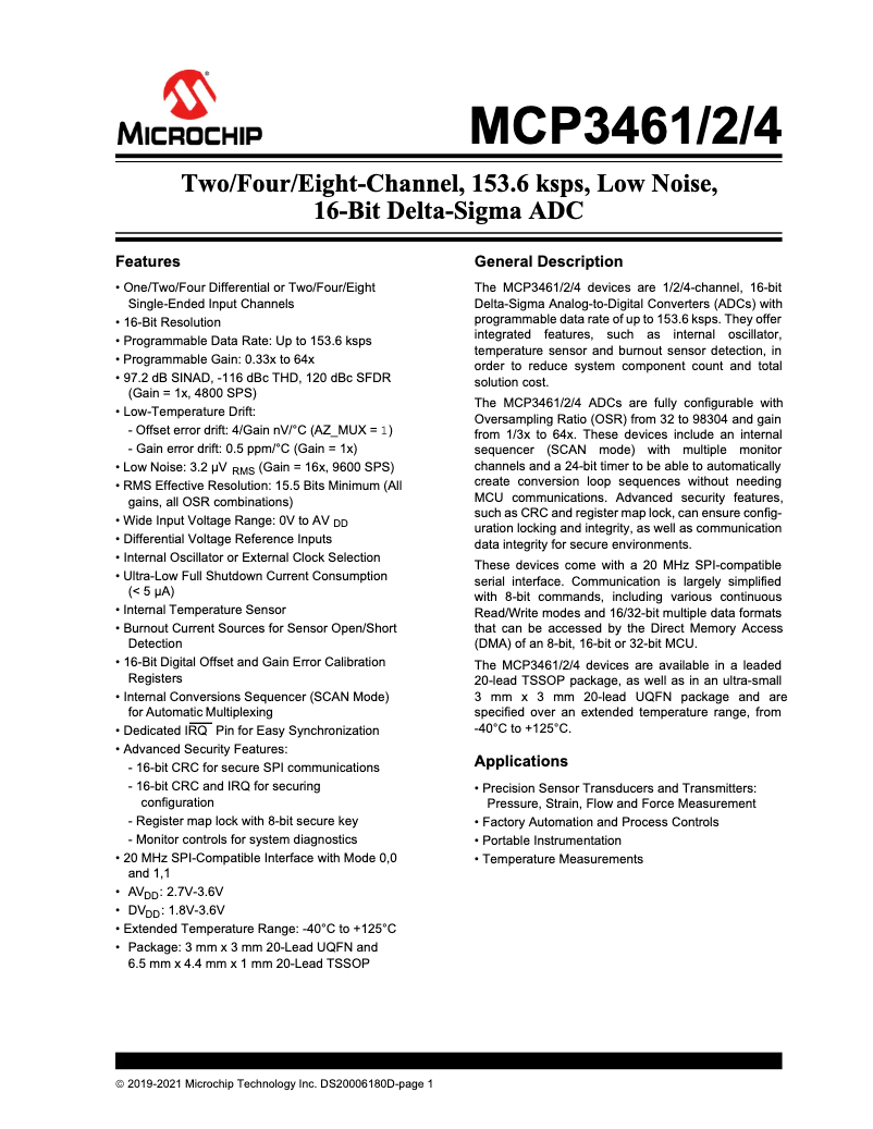 Page 1 de la notice Fiche technique Microchip MCP3461