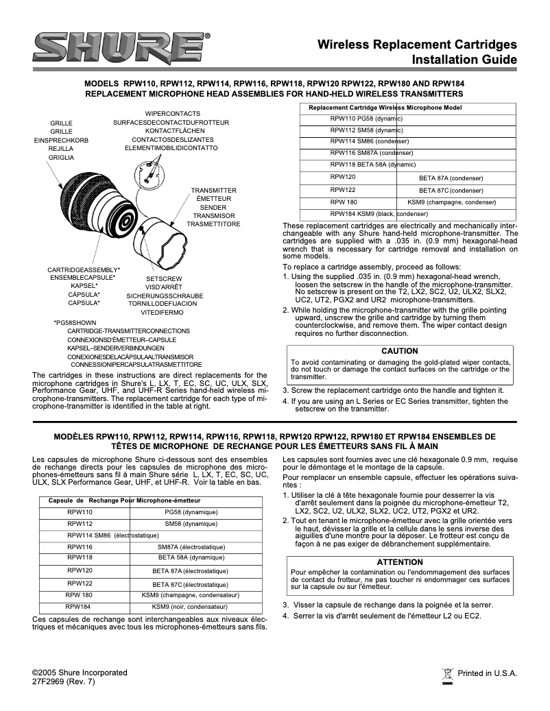 Page 1 de la notice Manuel utilisateur Shure RPW112