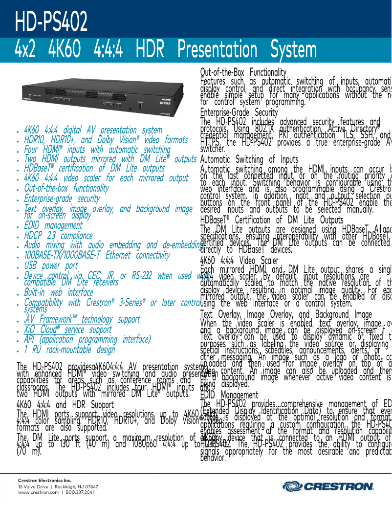 Page 1 de la notice Fiche technique Crestron HD-PS402