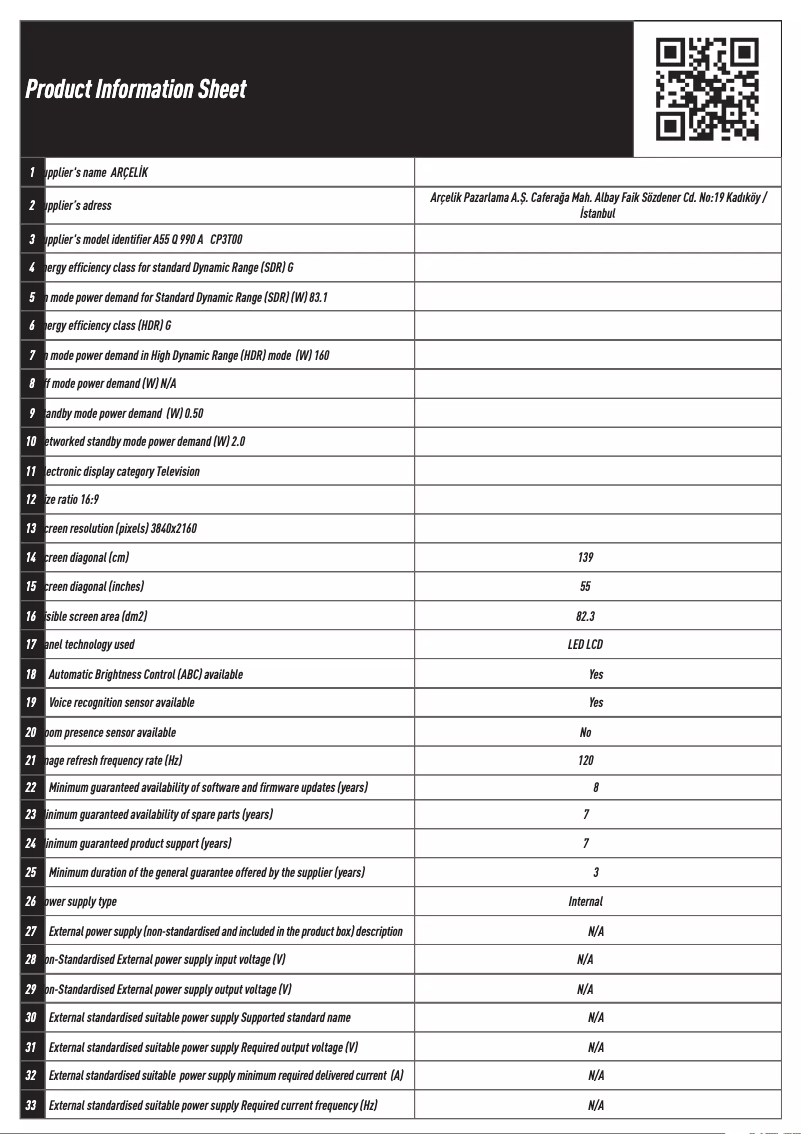 Page n°1 - Fiche technique Arçelik A55 Q 990 A