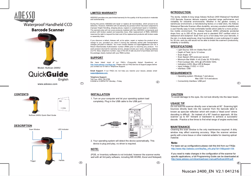 Page 1 de la notice Manuel utilisateur Adesso NuScan 2400U