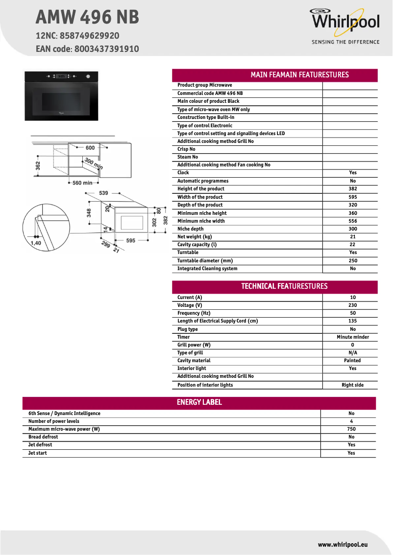 Page n°1 - Fiche technique Whirlpool AMW 496
