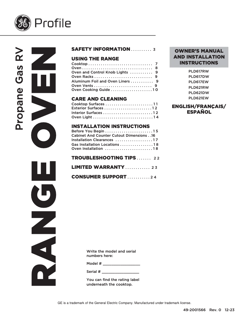 Image de la première page du manuel de l'appareil Profile PLD621RWSS