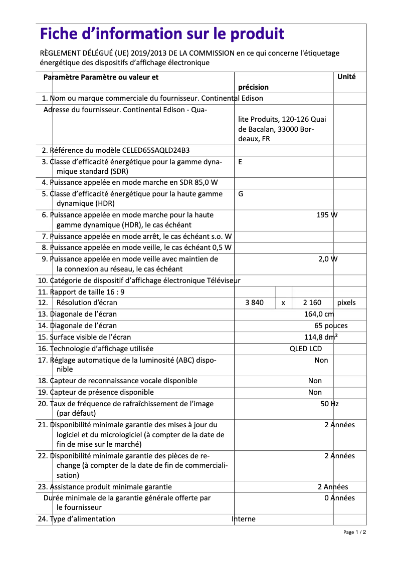 Image de la première page du manuel de l'appareil CELED65SAQLD24B3