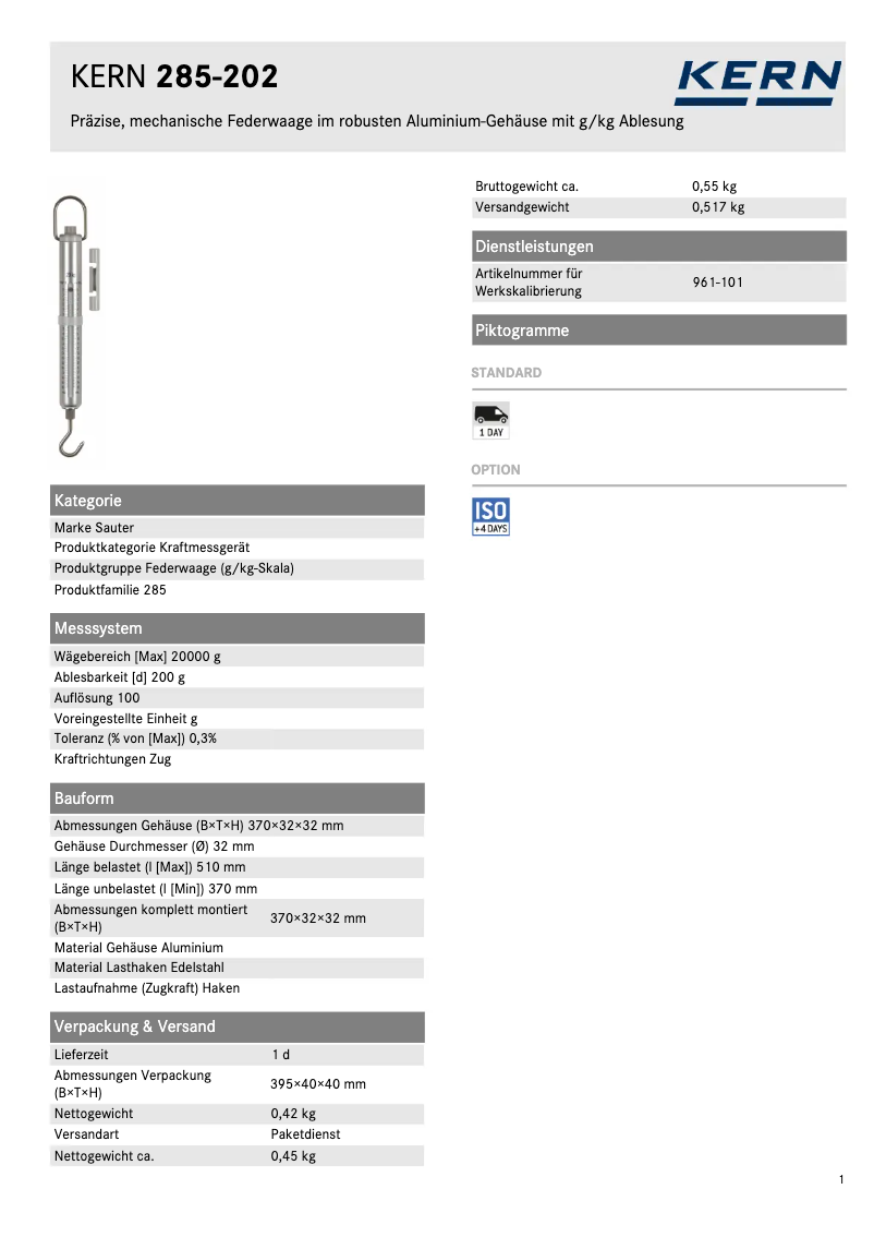 Page 1 de la notice Fiche technique Kern 285-202