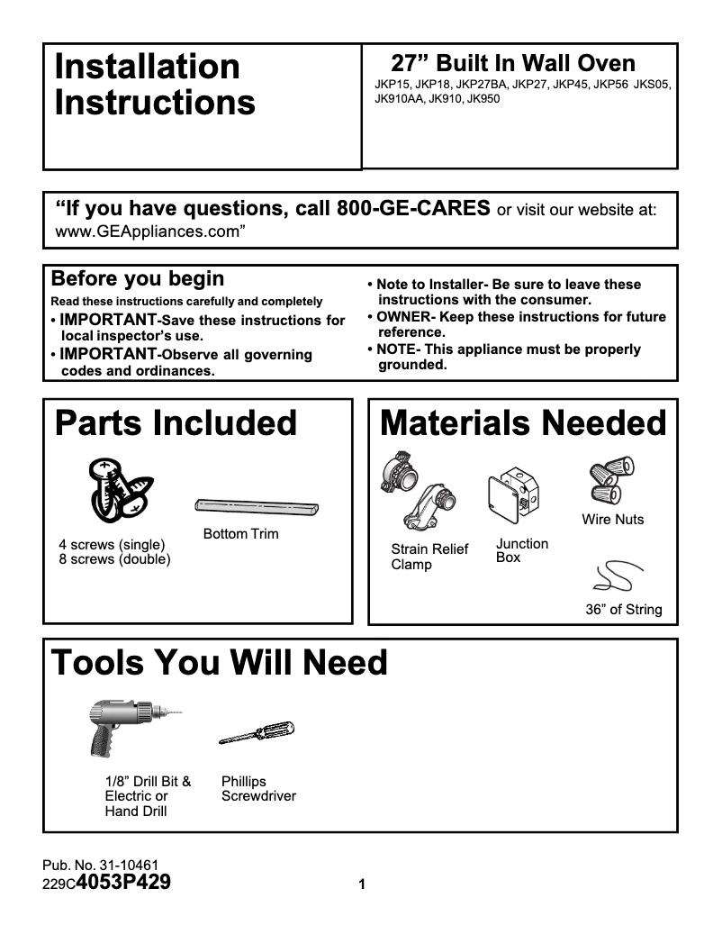 Page n°1 - Guide d'installation GE Profile Performance JK950AAAA