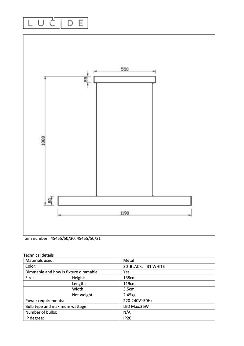 Page 1 de la notice Manuel utilisateur Lucide Raya LED