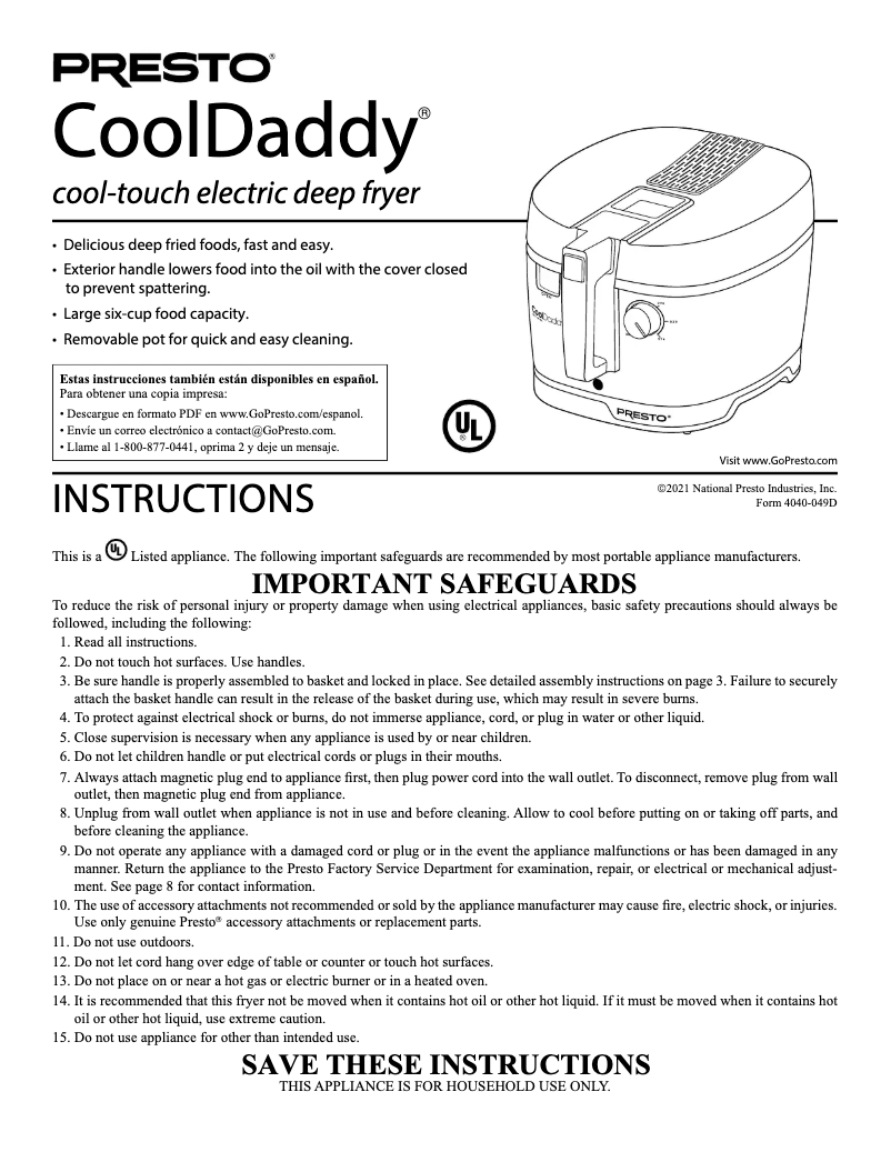 Page 1 de la notice Manuel utilisateur Presto CoolDaddy 05443