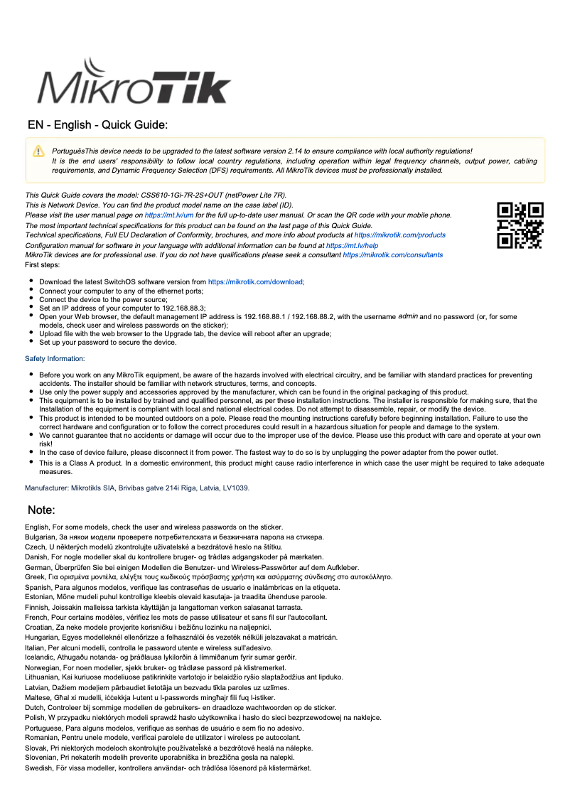 Page 1 de la notice Manuel utilisateur Mikrotik netPower Lite 7R