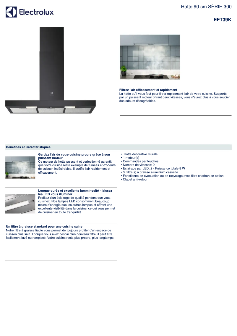 Page 1 de la notice Fiche technique Electrolux EFT39K