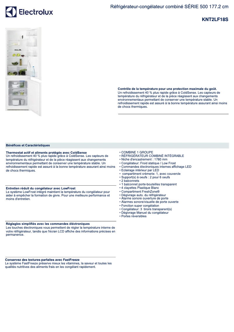 Page 1 de la notice Fiche technique Electrolux KNT2LF18S