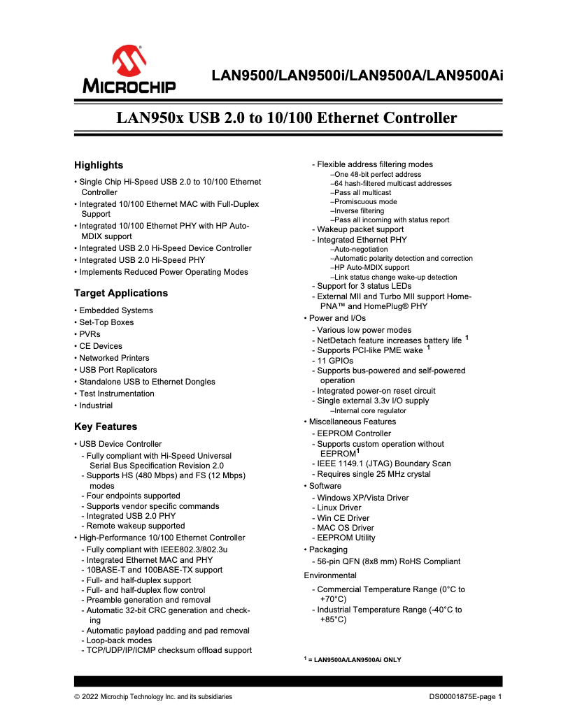 Page 1 de la notice Fiche technique Microchip LAN9500A