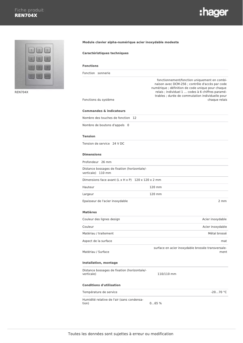 Page n°1 - Fiche technique Hager REN704X