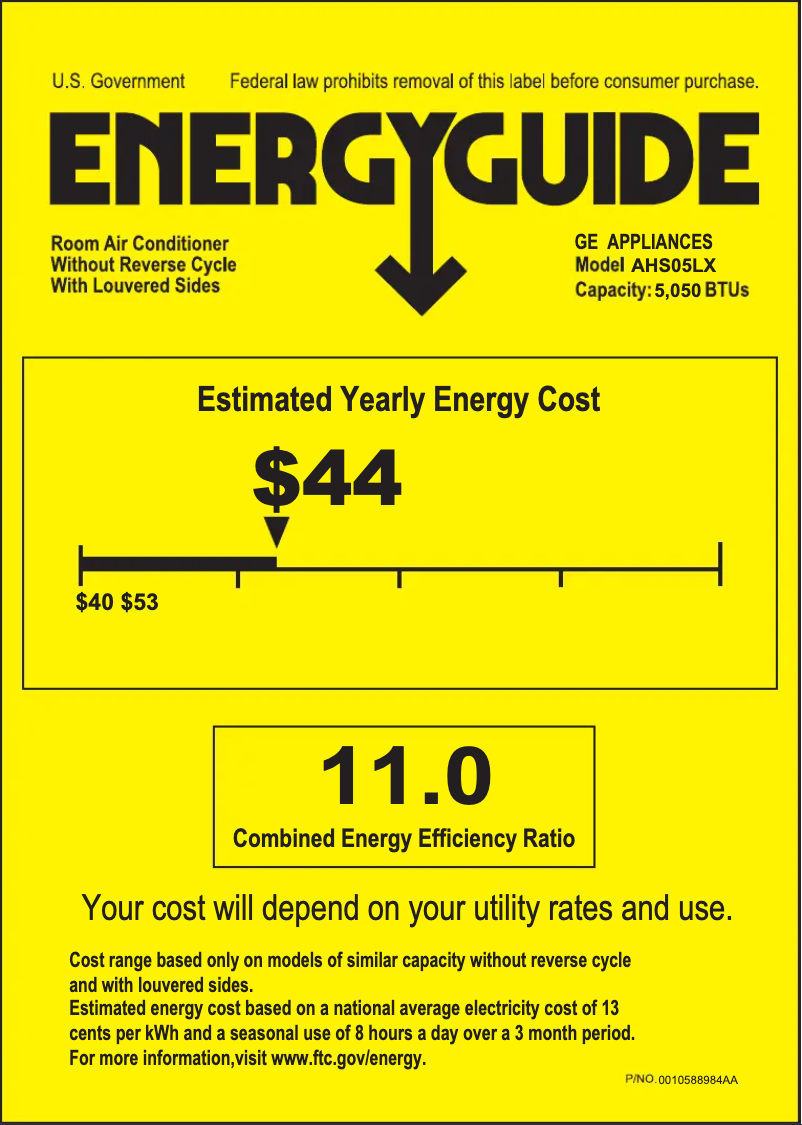Page 1 de la notice Label énergétique GE AHS05LX