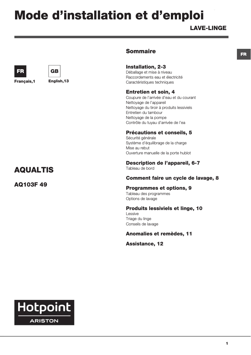 Page n°1 - Manuel utilisateur Hotpoint Ariston Aqualtis AQ103F 49 FR