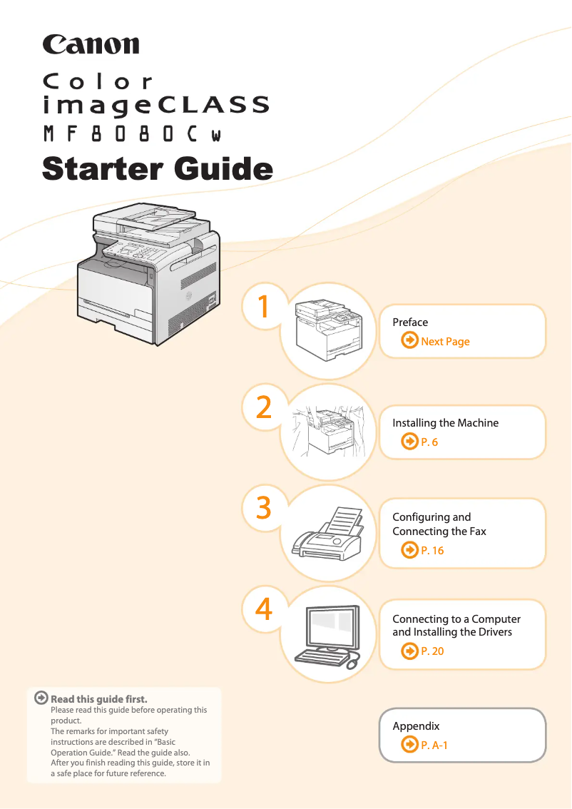 Page 1 de la notice Guide de démarrage rapide Canon imageCLASS MF8080CW