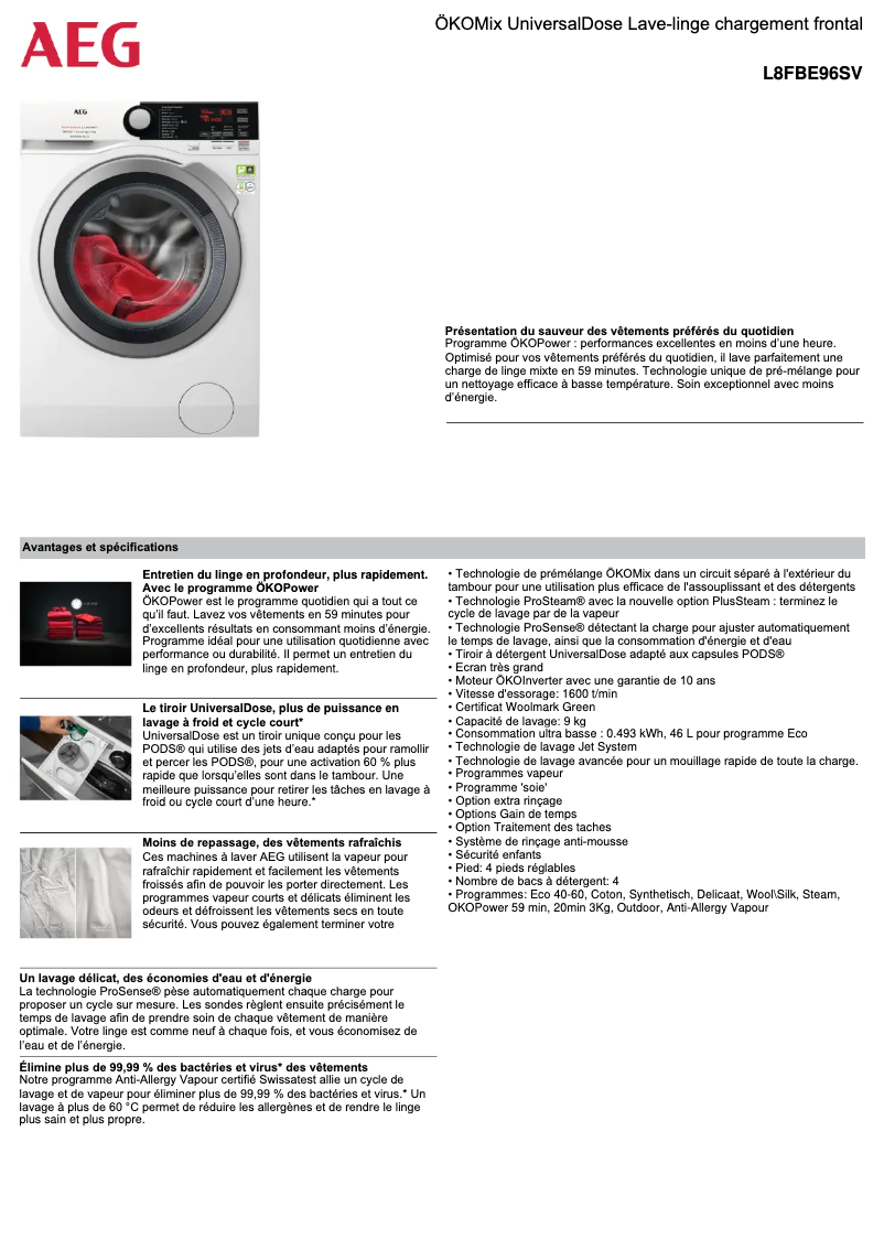 Page 1 de la notice Fiche technique AEG L8FBE96SV