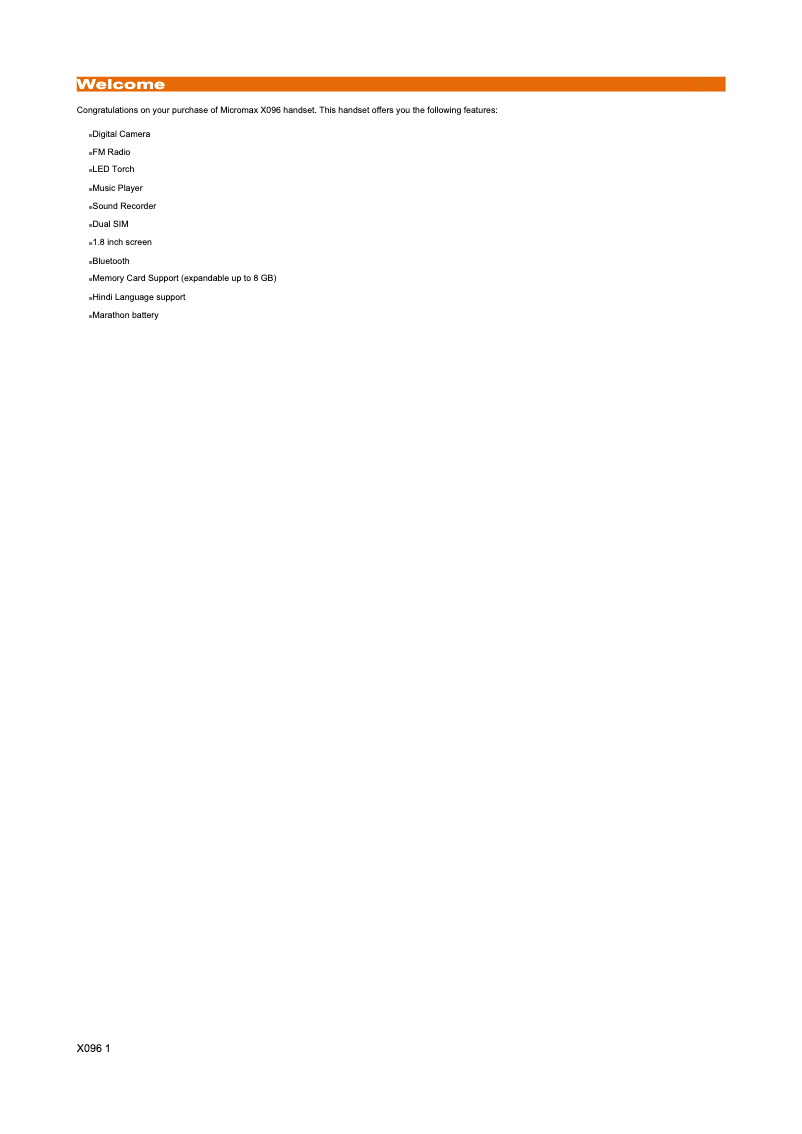 Page 1 de la notice Manuel utilisateur Micromax X096