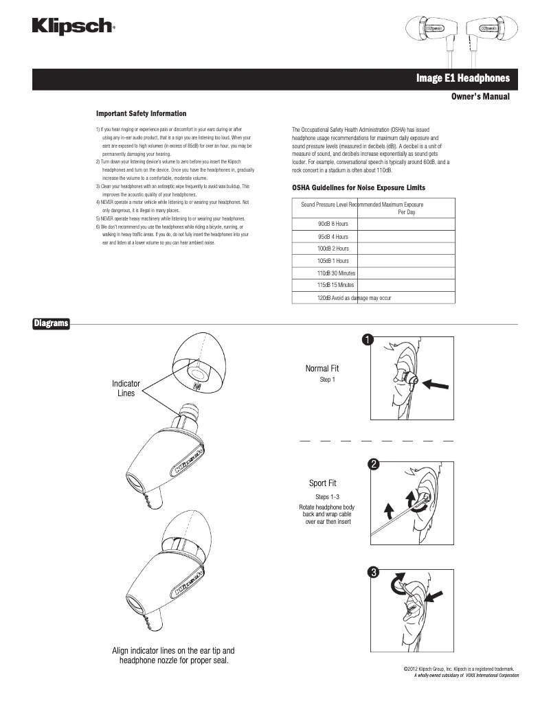 Page 1 de la notice Manuel utilisateur Klipsch Image E1