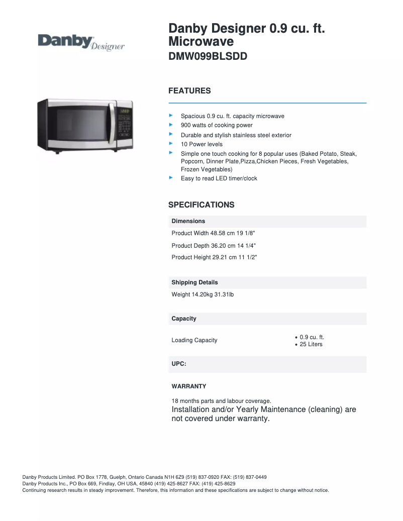 Page 1 de la notice Fiche technique Danby DMW099BLSDD