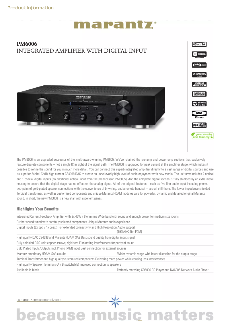 Page 1 de la notice Fiche technique Marantz PM6006
