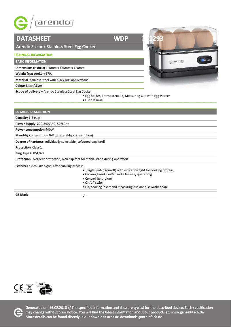 Page n°1 - Fiche technique Arendo 303721