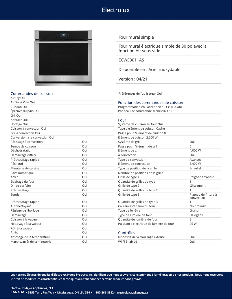 Page n°1 - Fiche technique Electrolux ECWS3011AS