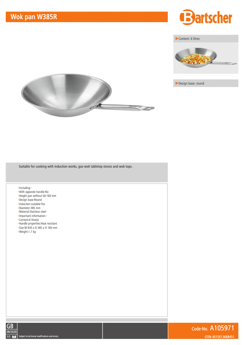 Page n°1 - Fiche technique Bartscher W385R