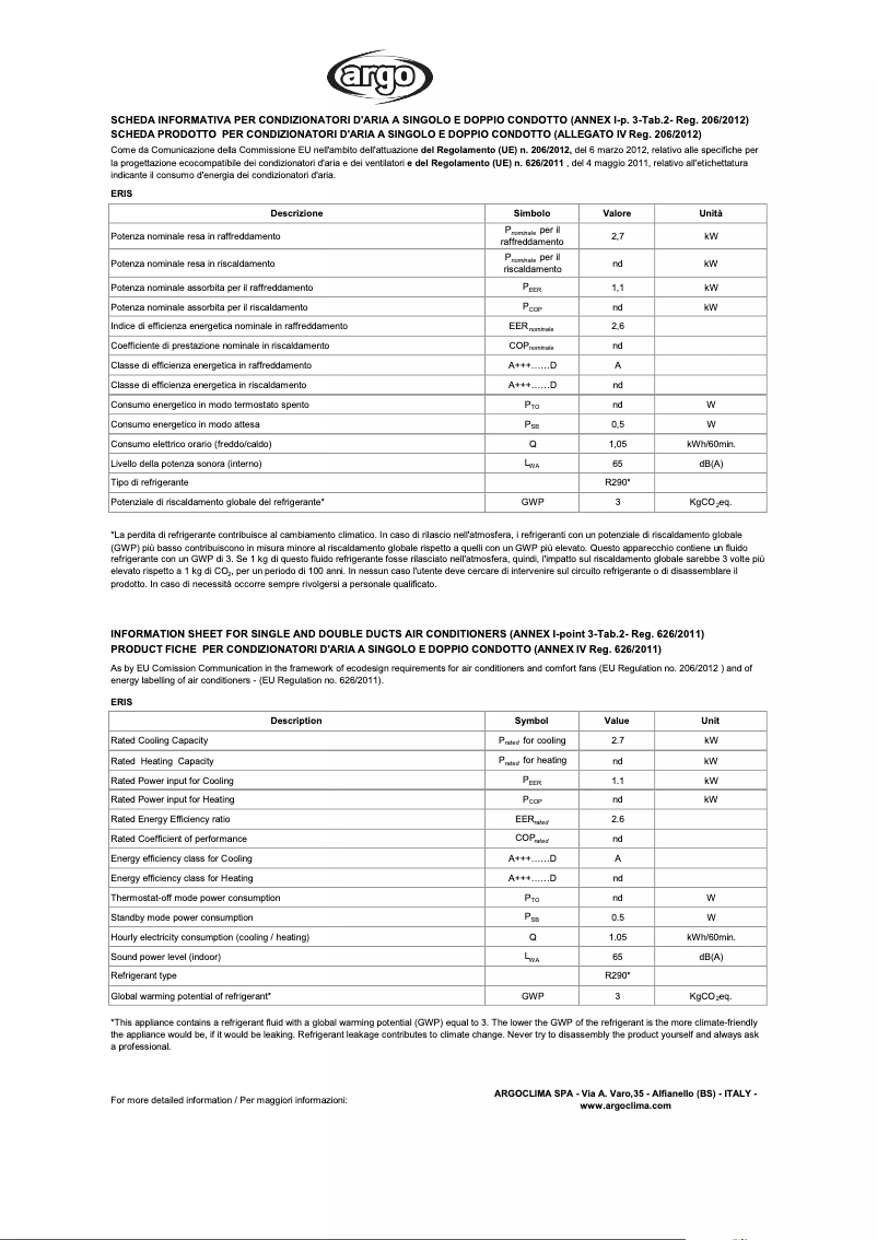 Page n°1 - Fiche technique Argoclima Eris
